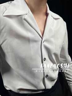 领长袖 男大翻领休闲痞帅复古休闲西装 衬衣 白色古巴领衬衫 2024新款