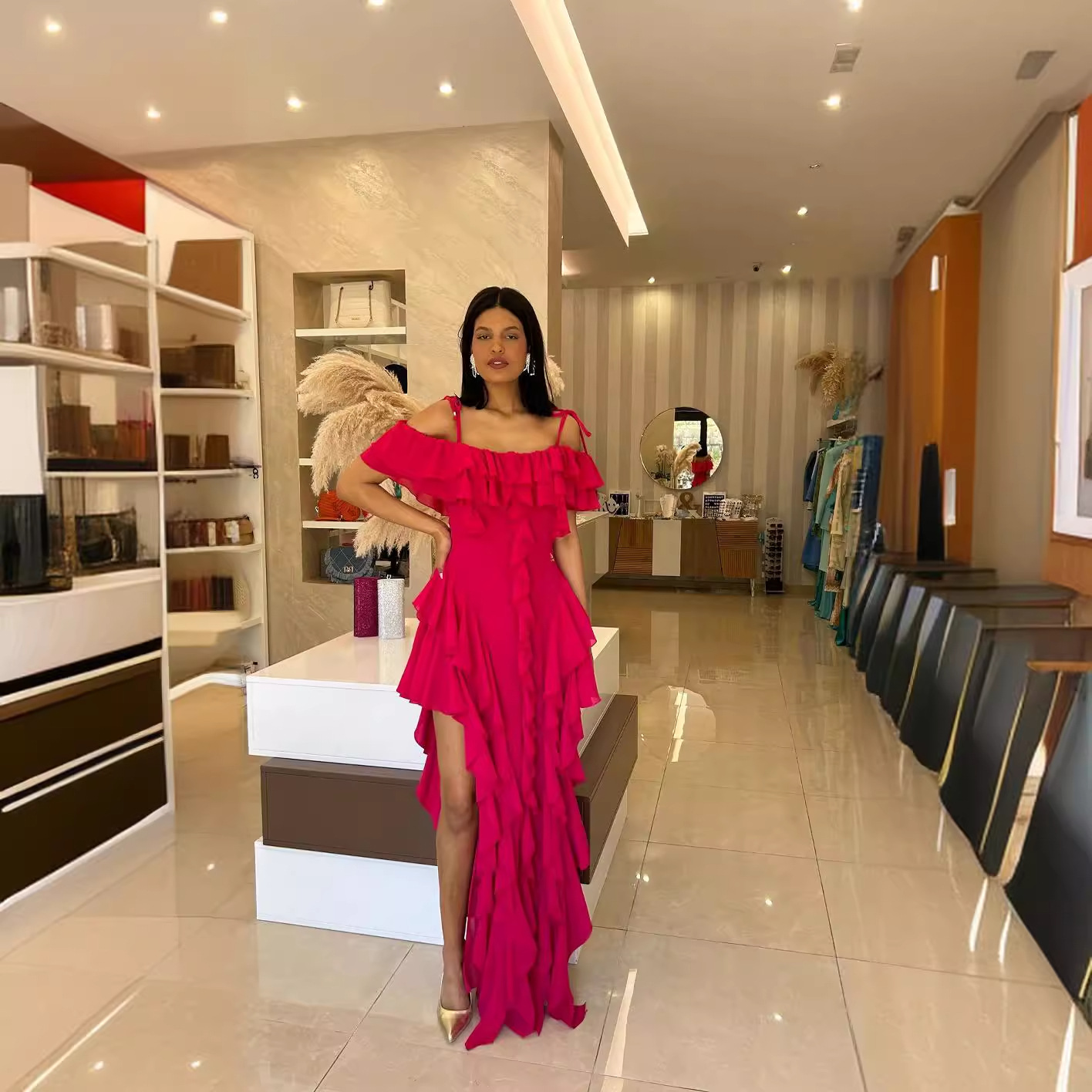 欧美2024夏季性感一字领荷叶边吊带收腰中长款连衣裙一步裙