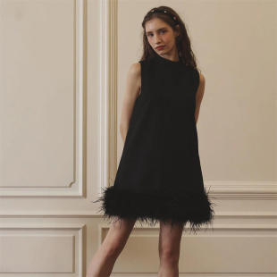 新款2026春季时尚小众设计感纯色圆领羽毛拼接高级感短款连衣裙女