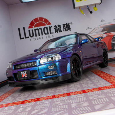新款 金丽方仿真GT天际线-R34合金车模摆件超跑声光转向玩具车