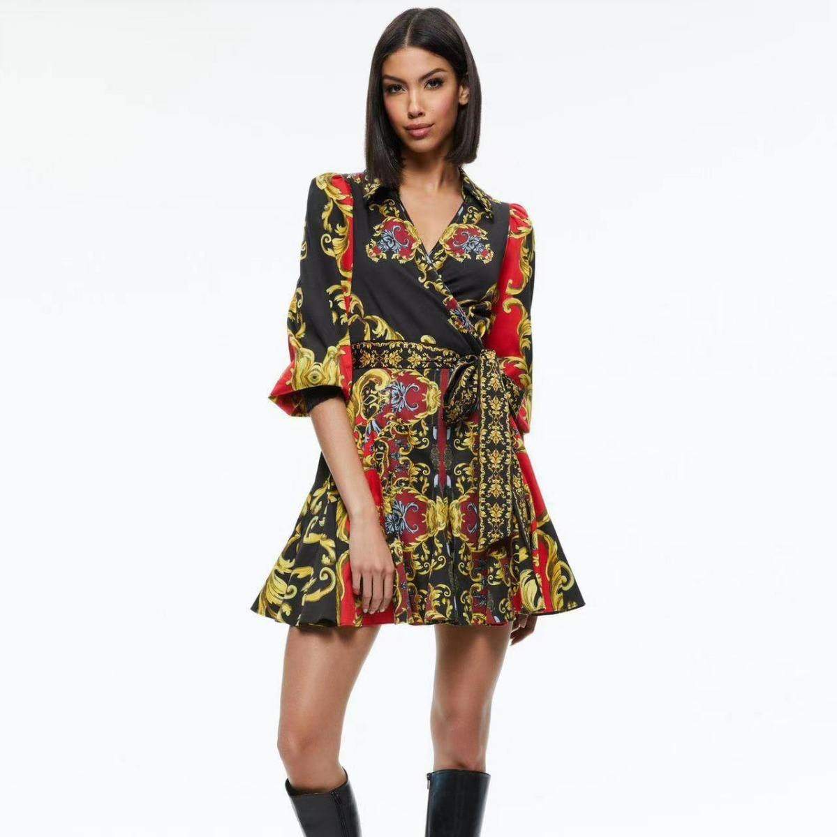 欧美外贸2023早春秋V领泡泡袖复古印花拼色短款连衣裙女A字裙,女装/女士精品,连衣裙,淘宝优惠券,粉丝福利购,淘宝优惠卷