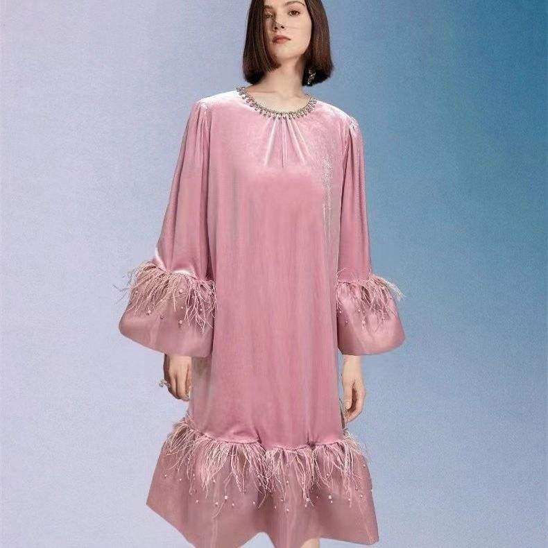 新款2023秋季金丝绒材质 圆领喇叭袖大裙 摆坠感裙型休闲中长裙女,女装/女士精品,连衣裙,淘宝优惠券,粉丝福利购,淘宝优惠卷