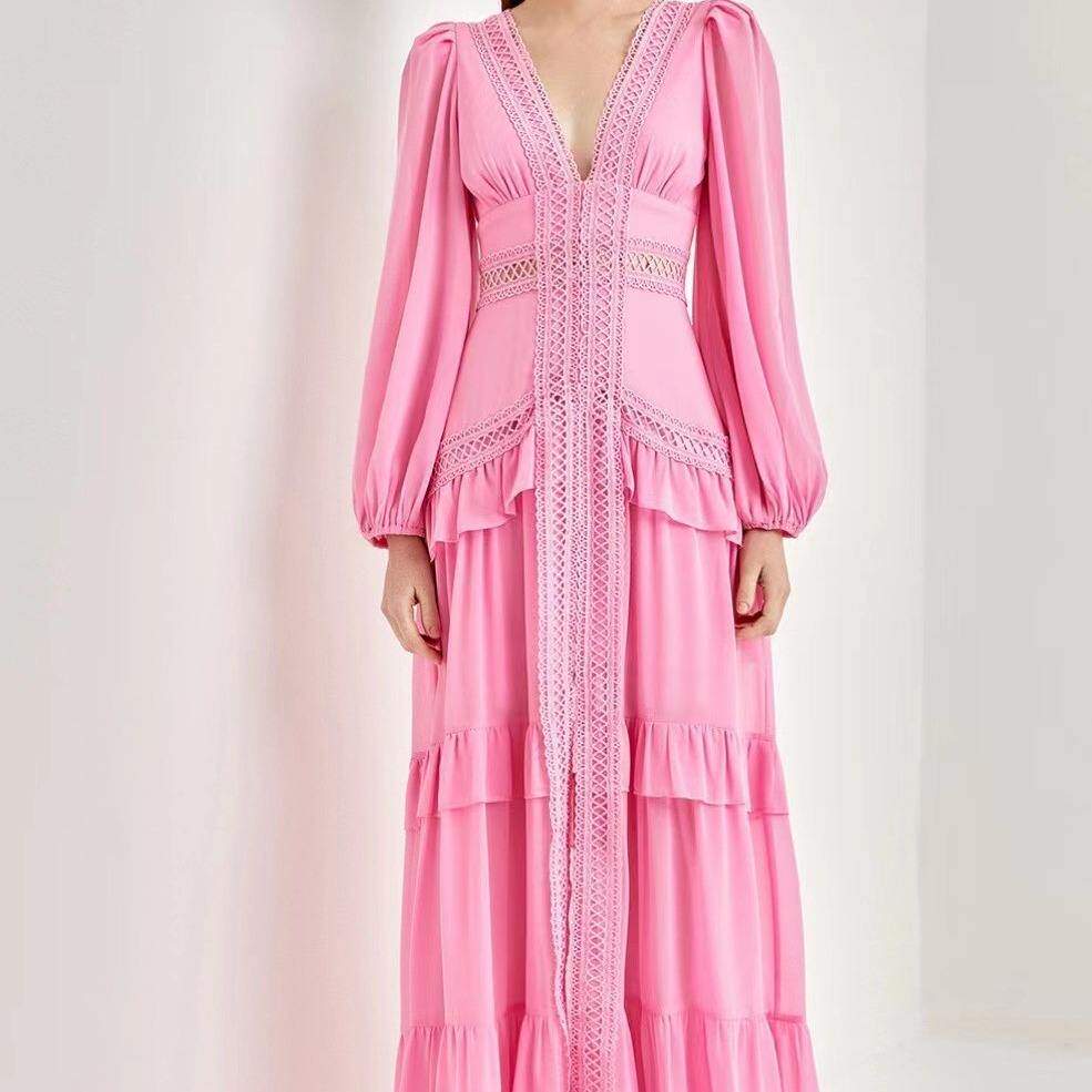 紫色雪纺裙2023秋欧美V领荷叶边蕾丝拼接开叉温柔大摆连衣裙长裙