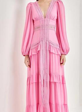 紫色雪纺裙2023秋欧美V领荷叶边蕾丝拼接开叉温柔大摆连衣裙长裙