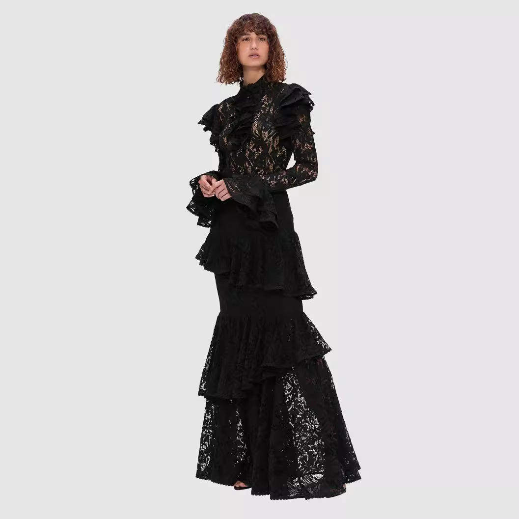 新款欧美外贸2024夏季立领喇叭长袖配收腰镂空蕾丝长裙套装女,女装/女士精品,时尚套装,淘宝优惠券,粉丝福利购,淘宝优惠卷