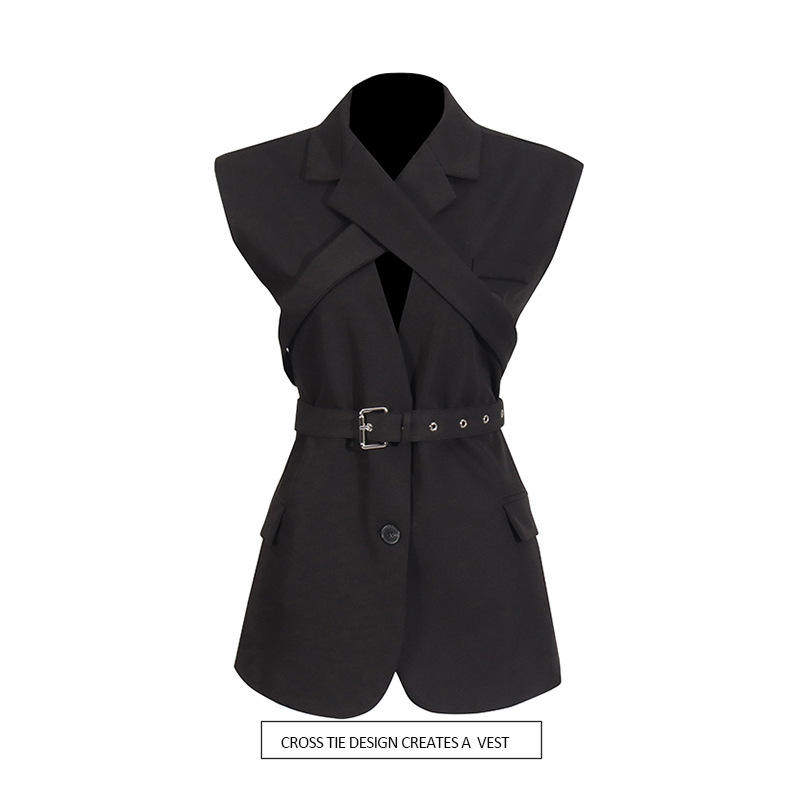 时尚欧美潮流风马甲上衣2025个性无袖交叉系带纯色西装涤纶欧美风,女装/女士精品,西装,淘宝优惠券,粉丝福利购,淘宝优惠卷