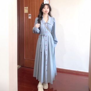 韩版 收腰过膝气质长裙 甜美风polo领设计感单排扣衬衫 连衣裙女秋季