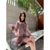 鸢尾紫烟 收腰短裙 气质温柔v领长袖 飘带花朵连衣裙短款 春夏新款