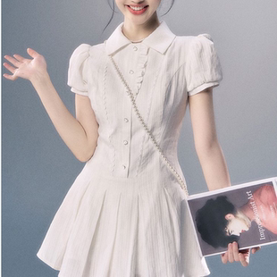衬衫 收腰甜辣学院风polo领短袖 裙 复古高级感连衣裙女新款 法式