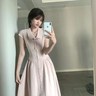 法式 淑女气质收腰显瘦a字裙 学院甜美少女粉色系带连衣裙新款 夏季
