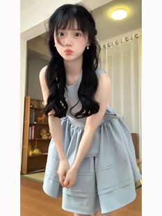 圆领背心连衣裙女夏季 甜美学院风蝴蝶结无袖 高腰设计感蓝色蓬蓬裙