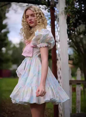 2024夏季方领泡泡袖结系带收腰印花短款连衣裙女4015-1A字裙短袖