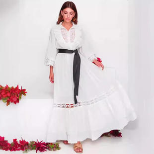 腰带收腰连衣裙女 立领荷叶边拼接灯笼袖 新款 欧美外贸跨境2024春季