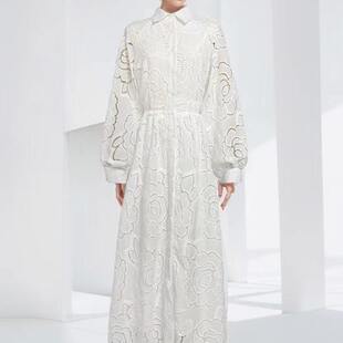 单排扣镂空收腰长款 翻领灯笼袖 连衣裙女 外贸跨境2024春季 新款