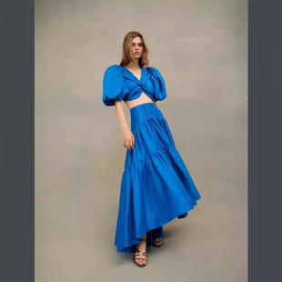 欧美外贸跨境2024春季 套装 V领泡泡袖 长裙时尚 上衣配收腰修身 新款