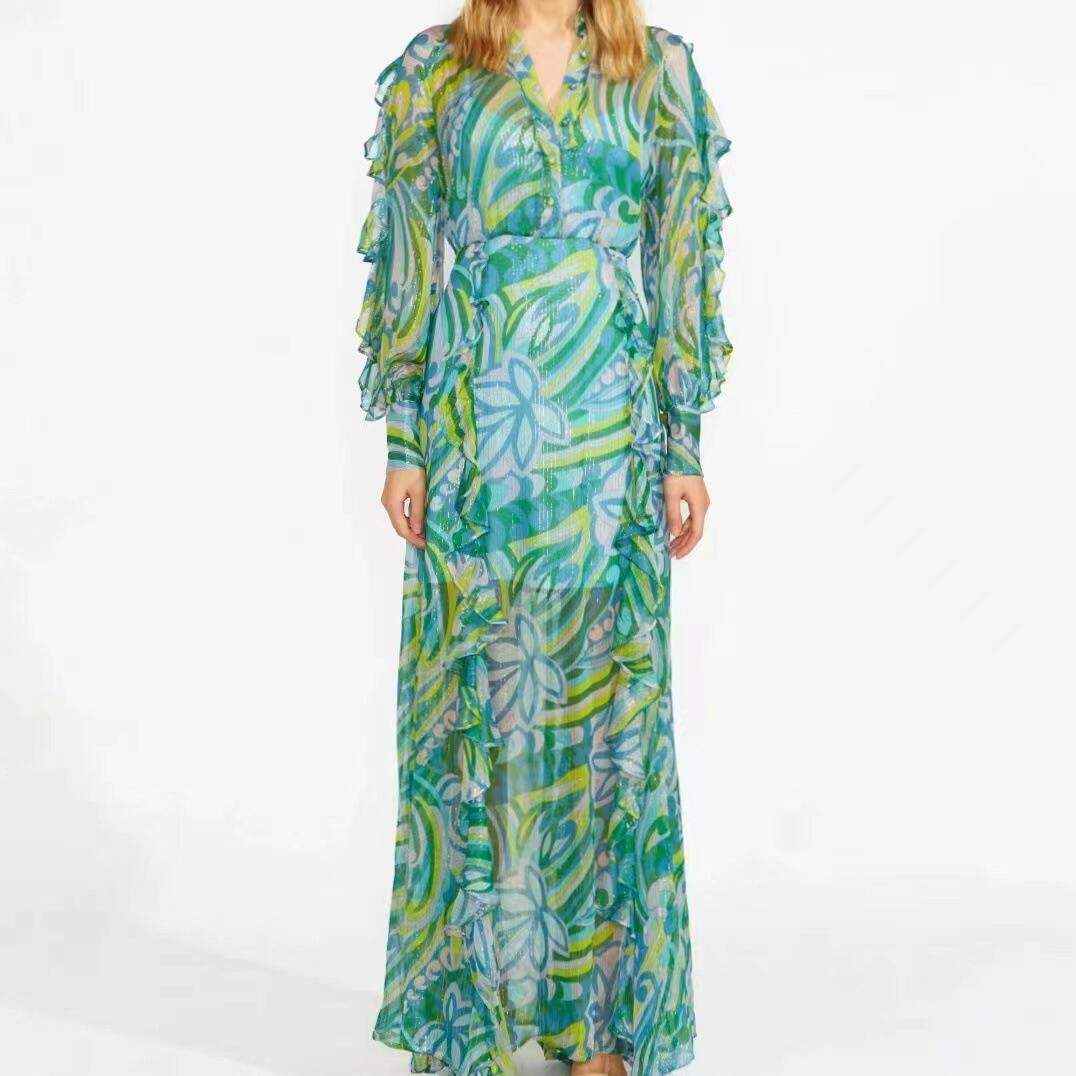 新款欧美外贸跨境2023秋季翻领灯笼袖荷叶边拼接收腰长款连衣裙女