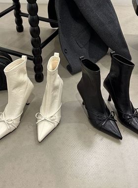 GUOLI 白色尖头细跟性感短靴女蝴蝶结高跟弹力瘦瘦靴高级感及裸靴