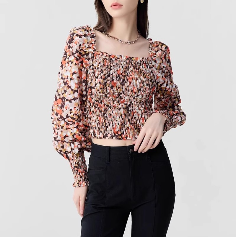 2024秋一字领碎花短款衬衫