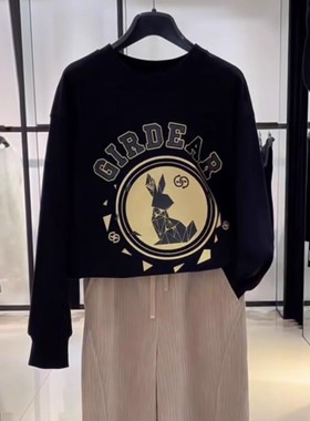 G家女装专柜正品2023秋新款圆领印花黑色卫衣1300804-42095CW-001