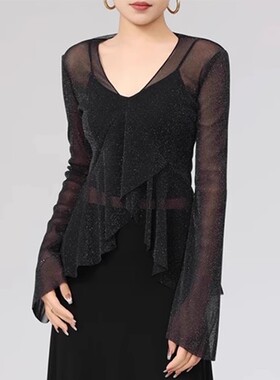 [商场同款]2025春新款法式V领网纱透视长袖T恤女装130007-139911