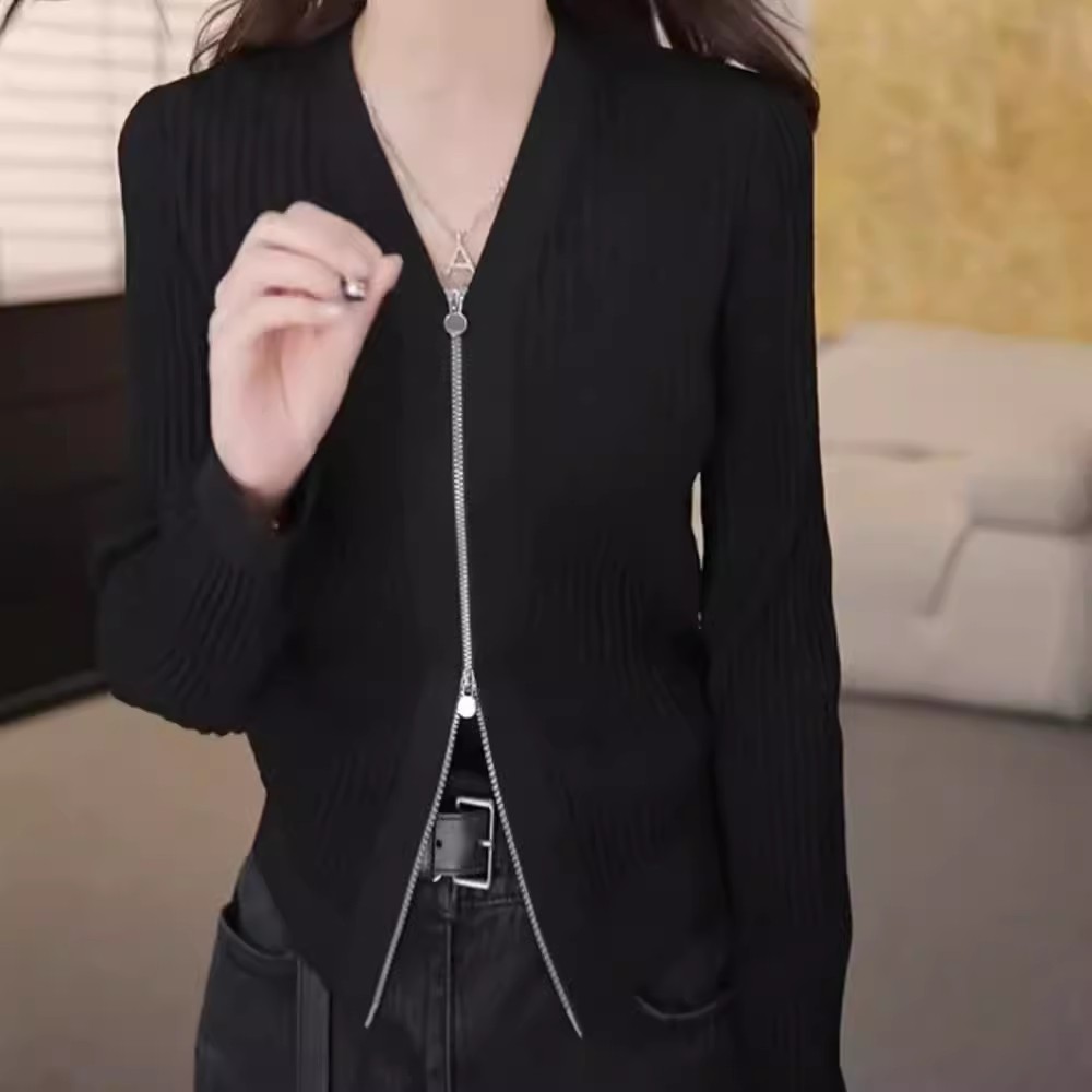 [商场同款]2025春装新款V领双拉链冰丝短款针织开衫外搭女548026