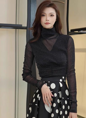 [商场同款]2025早秋两件套黑色高领拼接长袖透纱T恤130107-139911