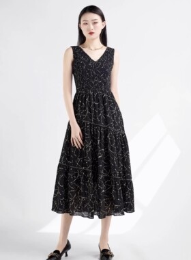 A家女装专柜正品2024春V领提花无袖连衣裙1500507-2A38711-001