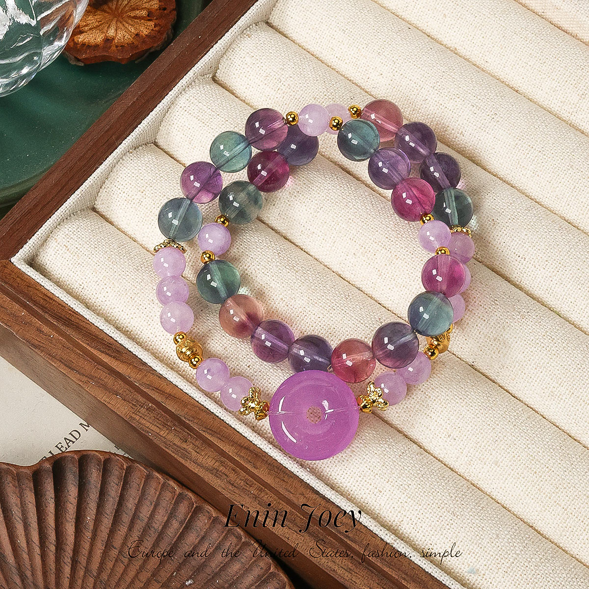 天然彩荧石玉髓水晶双层串珠手链