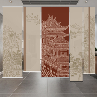 国风复古卷帘窗帘办公电动遮光遮阳帘软屏风背景帘子软隔断电动帘