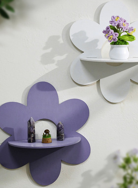 波西米亚木质紫白色花朵形状墙壁水晶收纳置物架 家居装饰工艺品