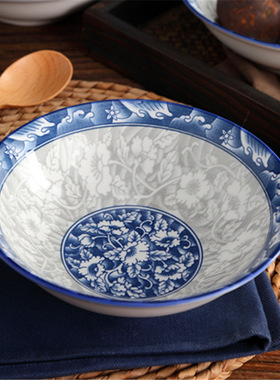 6-8青花陶瓷吃粥拉面碗斗碗家用大号汤碗釉下彩斗笠碗可微波餐具