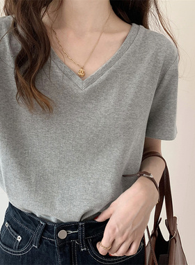 超火cec短袖t恤女装2023新款潮螺纹泫雅风半袖宽松韩版纯色上衣夏