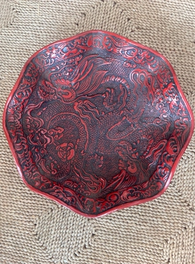 日本制 木粉 剔红 堆朱 水果盘 壶承 赏盘 中古品 1-511