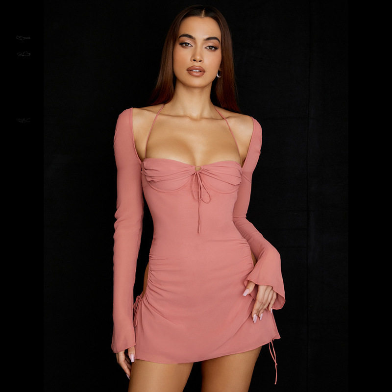 Solid Color Hollow Halter Tube Top Dress镂空挂脖抹胸连衣短裙