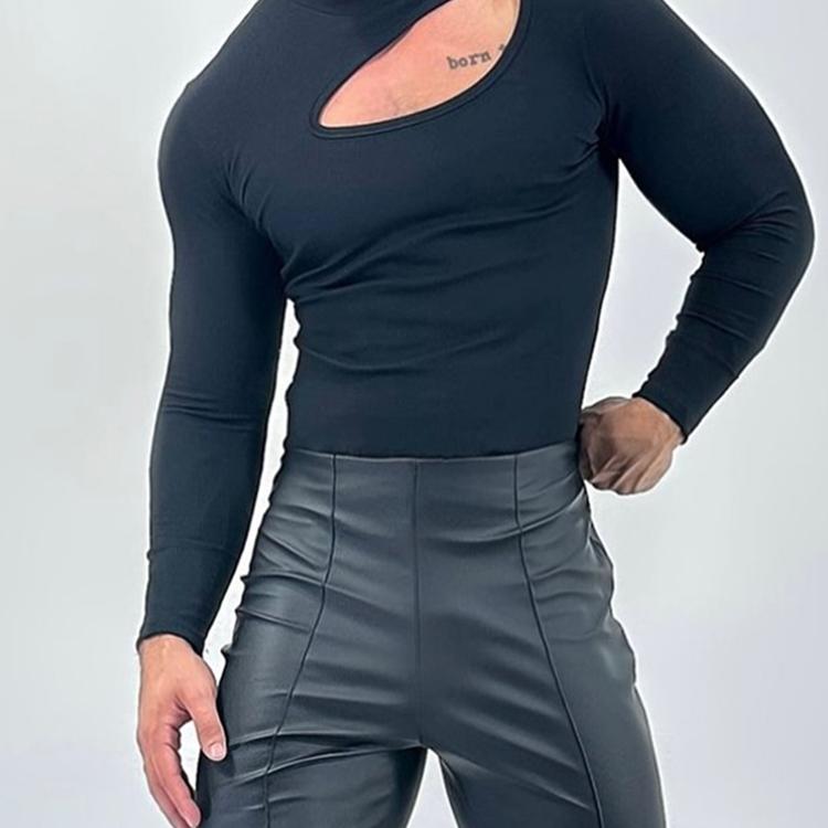 Men's T-shirt 新奇肌肉感打底衫欧美男士紧身性感高领破洞T恤潮