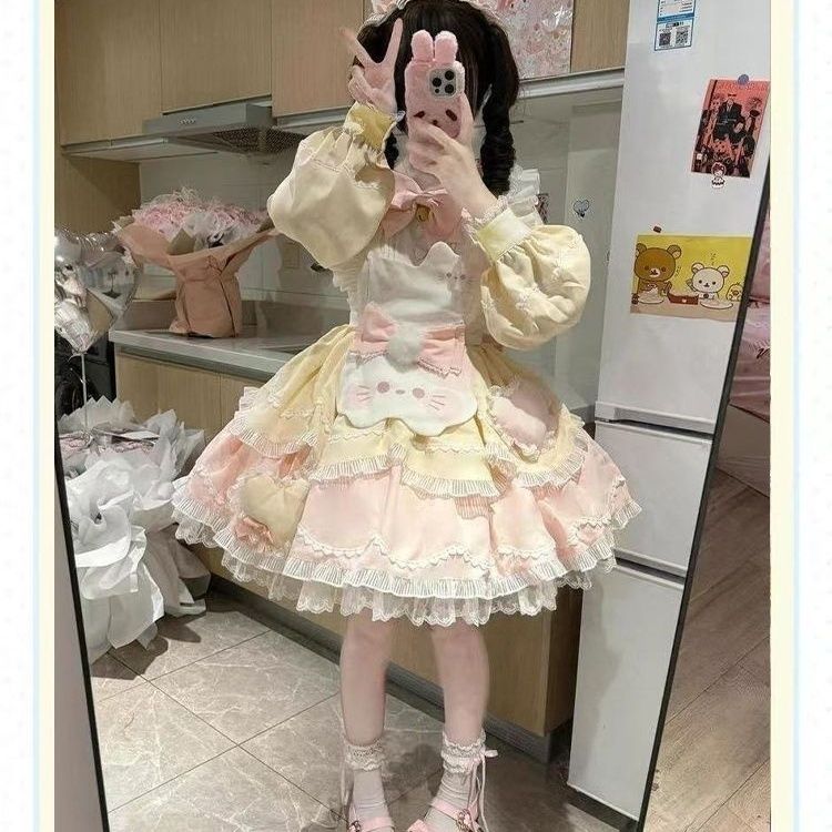 甜茶少女甜美可爱软萌Lolita洛丽塔连衣裙蝴蝶结小猫围裙两件套女