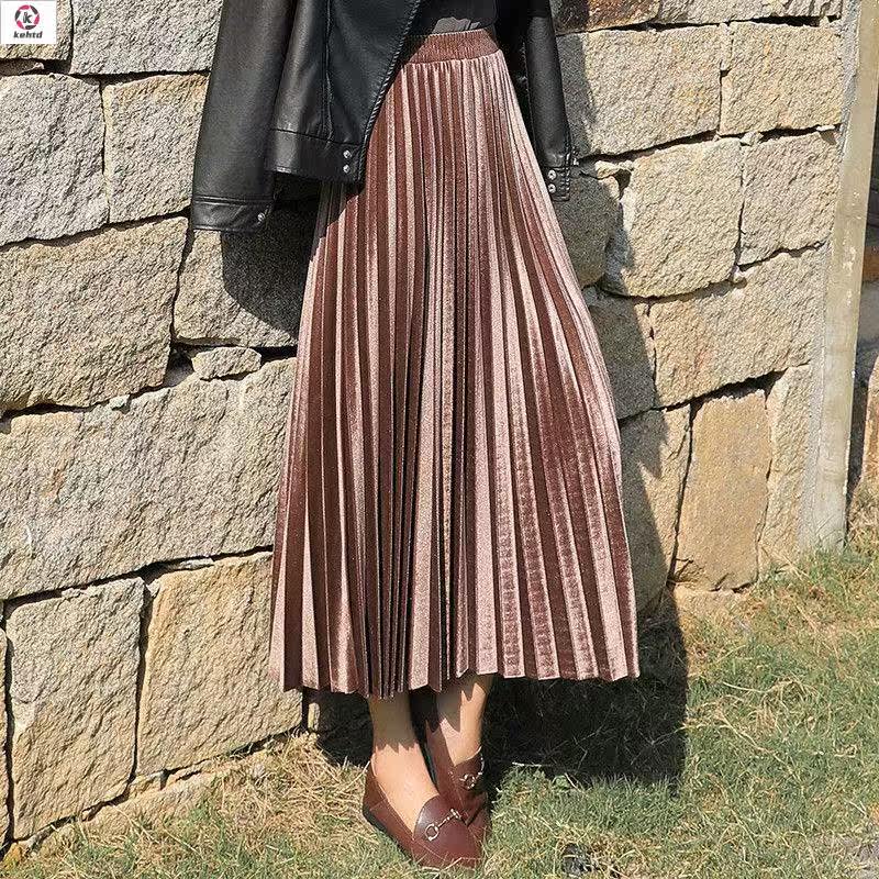 金丝绒半身裙中长款女2021春季百褶裙高腰显瘦大摆长裙a字裙skirt