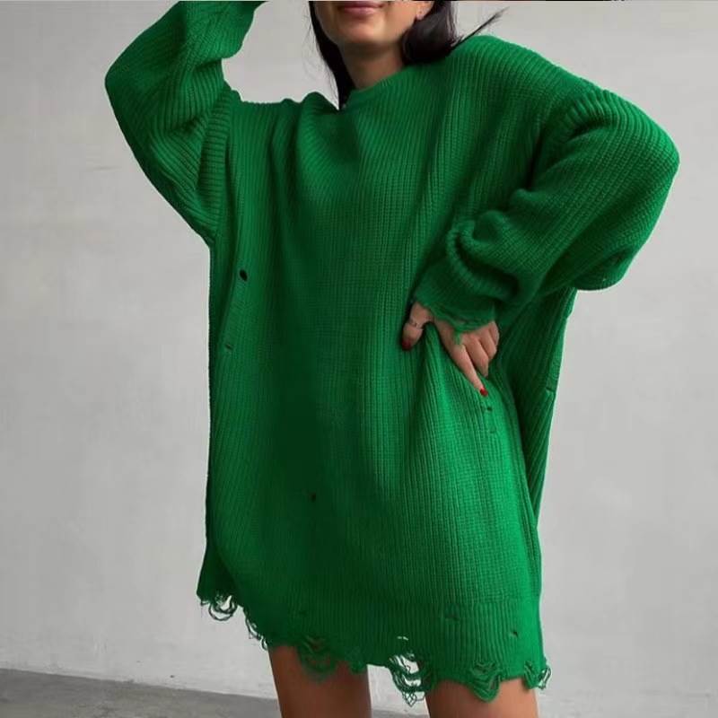 欧美女秋冬圆领不规则破洞毛衣针织连衣裙 sweater knitted dress