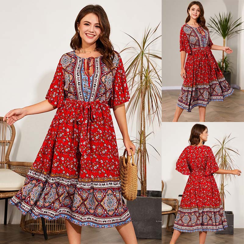 Plus size Women Summer Printed Cotton Dresses 大码绵绸连衣裙