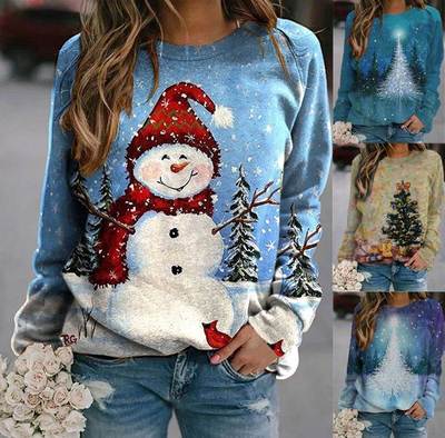 christmas printed round neck long sleeve women's sweater