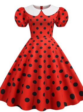 夏季新款女装欧美风法式复古白色大翻领波点印花大摆短袖连衣裙子