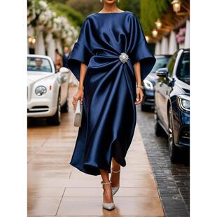 2025女士通勤气质珠花装 饰缎面设计感连衣裙日常派对小礼服