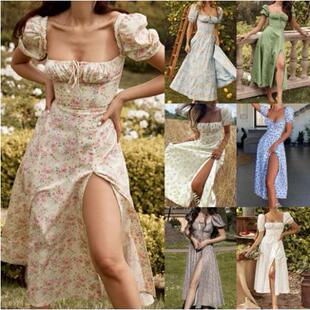 修身 复古方领碎花裙法式 开叉中长连衣裙 夏季 亚马逊独立站欧美女装