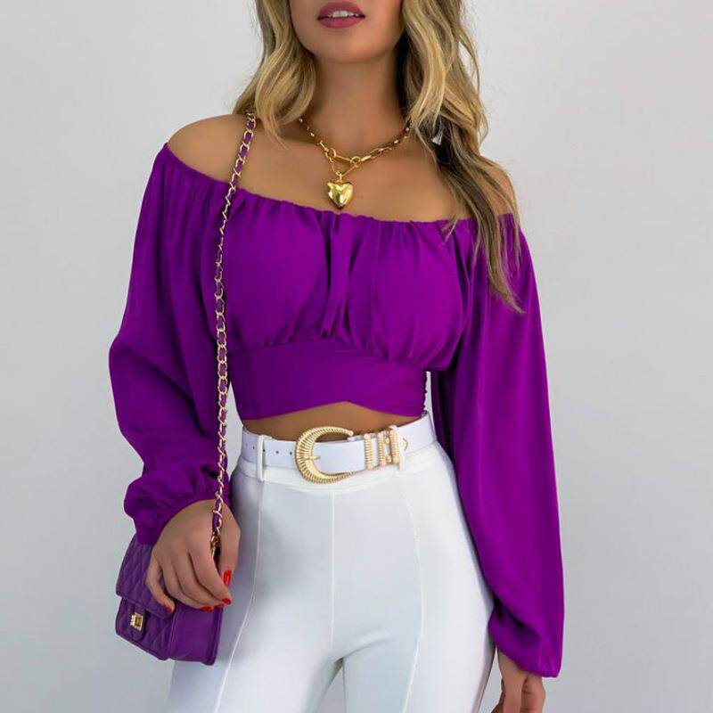 露脐灯笼袖一字领性感泡泡袖衬衫上衣Off shoulder sexy top