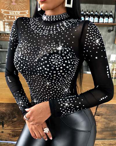 Studded Sheer Mesh Long Sleeve Bodysuit性感透视网纱连体衣