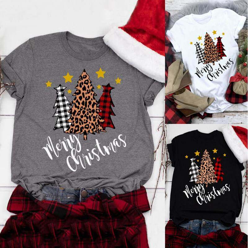 christmas girl top tree print crew neck short sleeve t-shirt