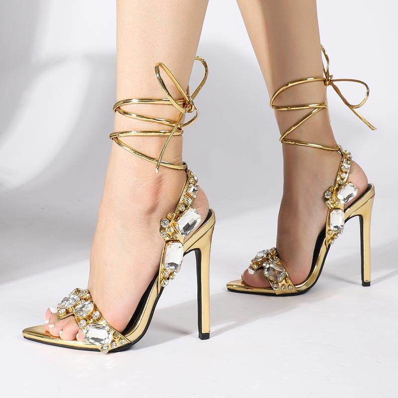 新款水钻一字尖头绑带超高跟大码欧美网红凉鞋女 Women Sandals
