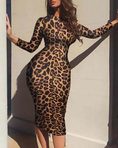圆领豹纹长袖连衣裙 Leopard Print Long Sleeve Midi Dress