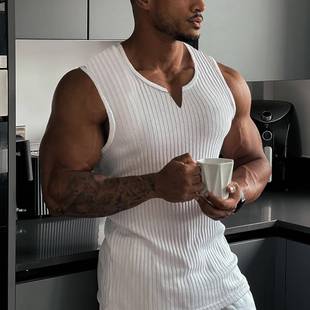 运动健身工字V领宽肩T恤Men Shirt 休闲竖条纹背心男士 2025夏季