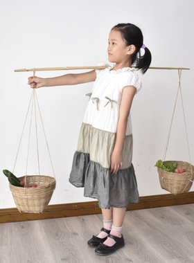 儿童扁担箩筐表演道具玩具幼儿园小学生专用竹筐竹小扁担游戏
